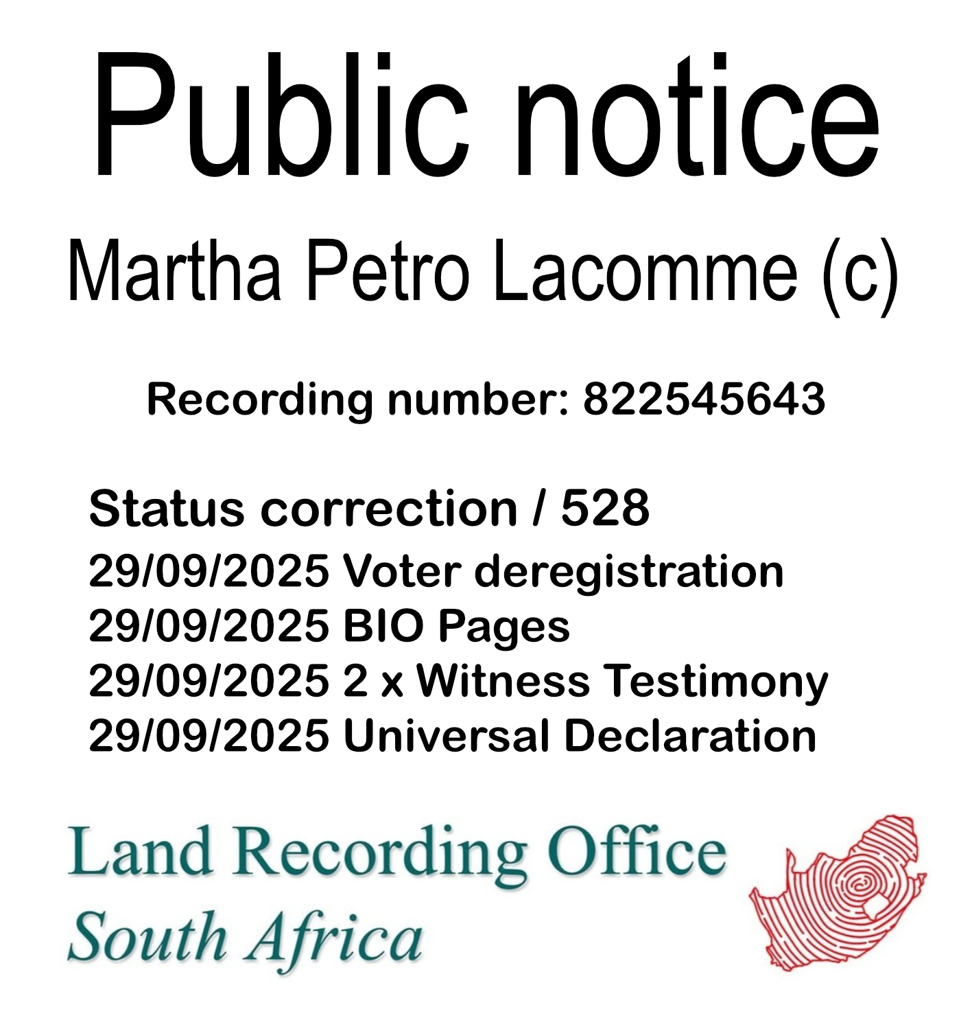 Public Notice Martha Petro Lacomme Recording Number 822545643